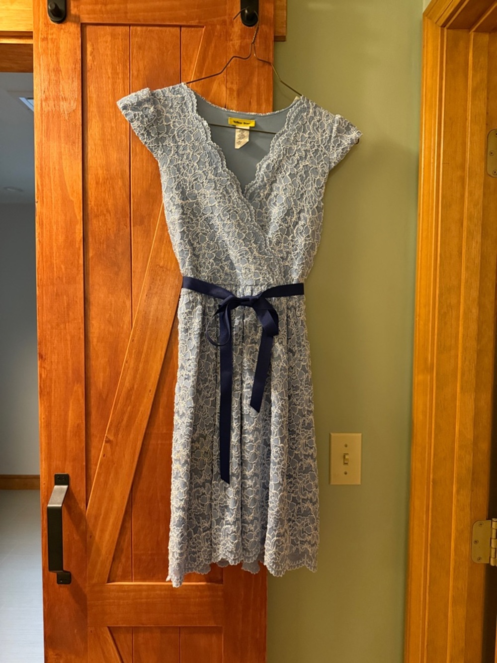 Light Blue Lace Midi Dress with Navy Waist Tie
